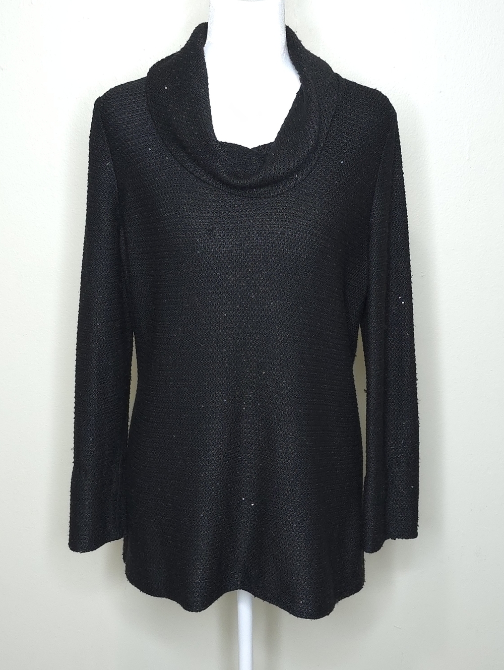St. John Evening Sequined Knit Sweater Size Medium Black Metallic Cowl Neck